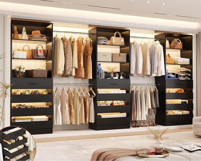 Aheaplus Closet System with 12 Drawers, 8.5-11.5Ft Wood Closet Organizer System by Aheaplus