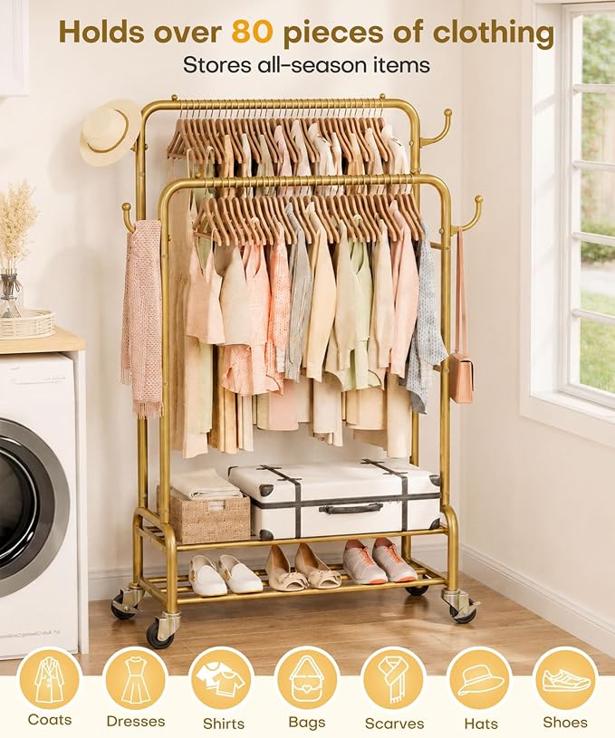 Homde Heavy Duty Clothes Rack: 265lb Rolling Double Rod Garment Hanging - Image 7