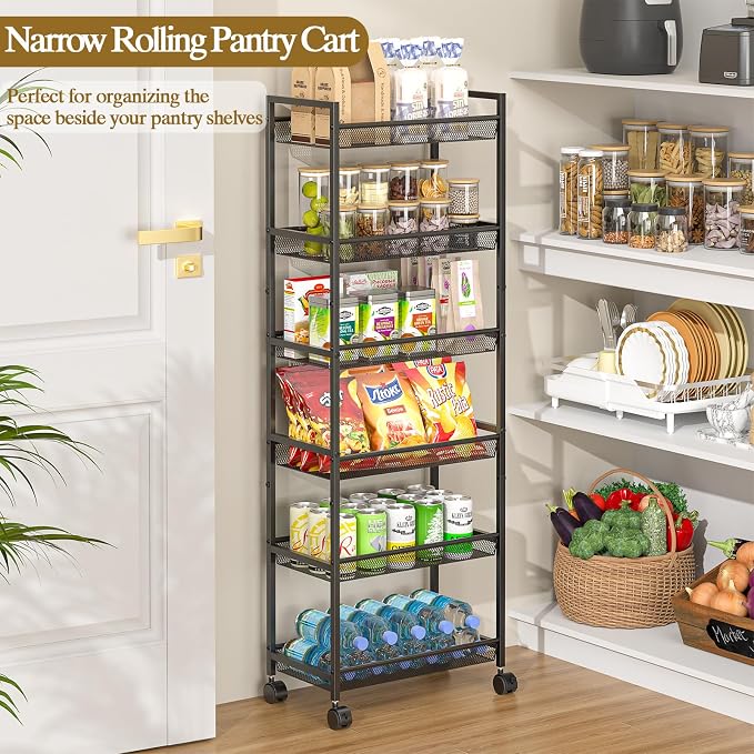 6 Tier Slim Rolling Storage Cart, Narrow Mobile Shelving Unit Organizer Utility - Image 3