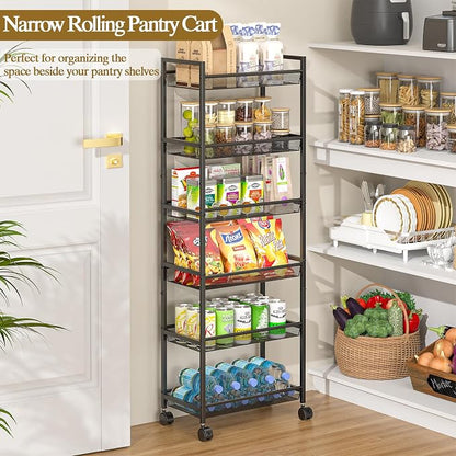6 Tier Slim Rolling Storage Cart, Narrow Mobile Shelving Unit Organizer Utility - Image 3