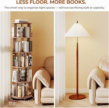 5-Tier Rotating Bookshelf on Wheels, 360° Spinning Bookshelf Tower, Round - Image 6