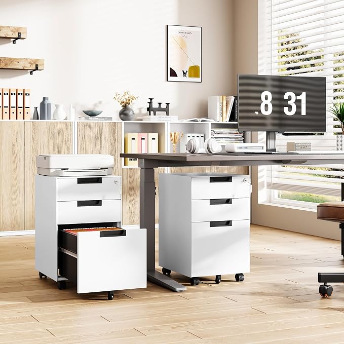 Mobile File Cabinet, 3 Drawer Locking Storage Filing Cabinet, Office Metal - Image 2