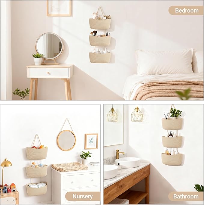 Dahey Over The Door Hanging Basket Storage 3-Tier Woven Wall Basket, Jute | - Image 7