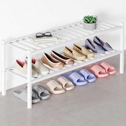 Smiry Bamboo Shoe Rack for Closet, 2 Tier Long Wooden Stackable Shoe Organizer by Smiry