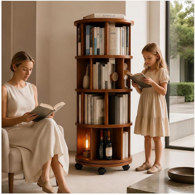 Solid Wood Rotating Round Bookshelf Towers by Unknown