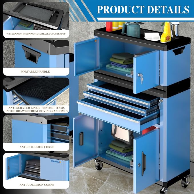 2-IN-1 Rolling Tool Chest with Locks& Multifunctional CounterTop, 3 Drawer - Image 4