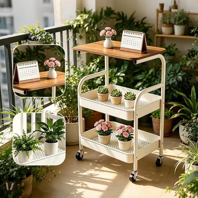3 Tier Rolling Cart with Walnut Table Top, Sturdy Metal Storage Cart with - Image 5