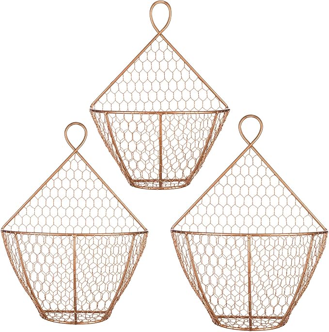MyGift Set of 3, Farmhouse Copper Metal Wire Mesh Wall Hanging Baskets - Image 5