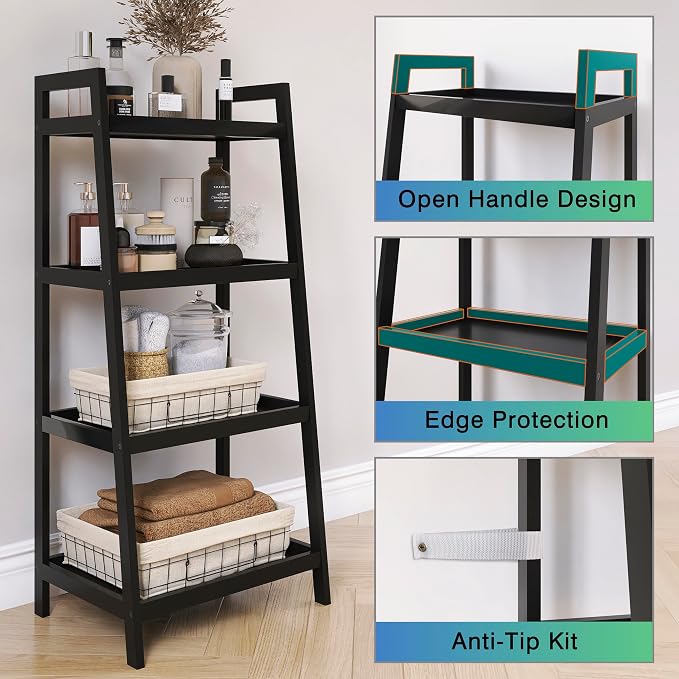 SMIBUY Bamboo Ladder Bookcase, Bathroom Storage Rack Organizer, 4 Tier and 5 - Image 7