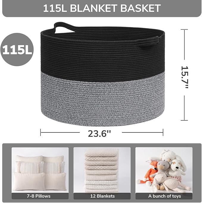 INDRESSME 115L Extra Large Cotton Rope Blanket Basket, Woven Basket - Image 2