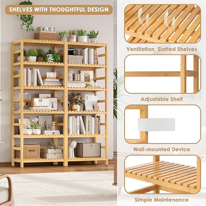 FOTOSOK 6-Tier Bamboo Shelf, Bamboo Bookcase - Image 6