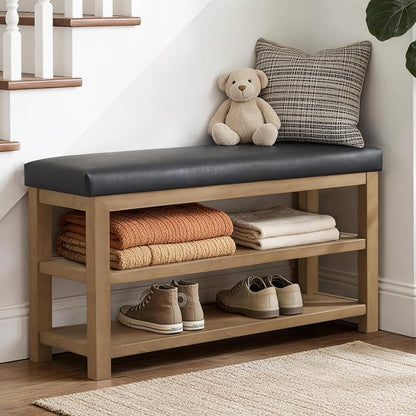 Zihanhome Shoe Rack Bench with Leather Cushion, 2 Tier Solid Wood Storage Bench - Image 4