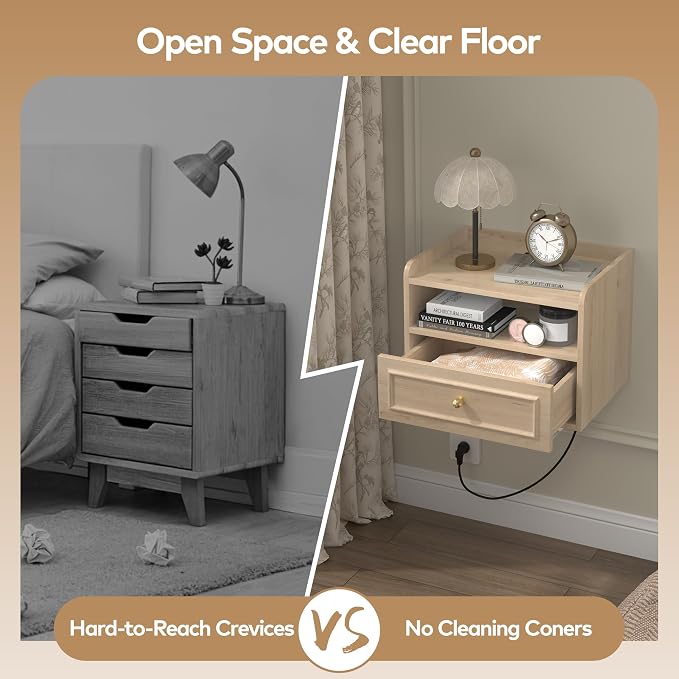 Floating Nightstand with Charging Station Set of 2, Modern Wall Mounted Bedside - Image 5