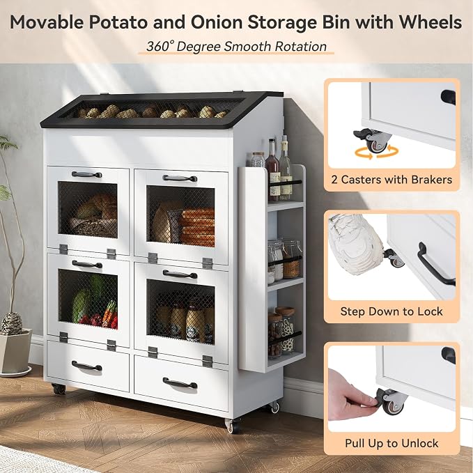 Verano Garden 31.5" Large Potato and Onion Storage Bin on Wheels, Bread Box | - Image 5