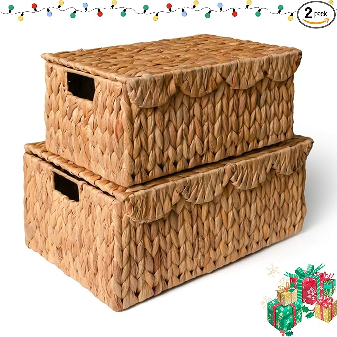 KOKODO Set of 2 Scalloped Wicker Baskets – Handwoven Rectangular Water Hyacinth by KOKODOHOMEPROJECT