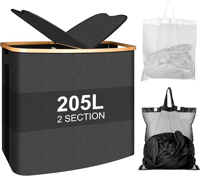 Large Laundry Hamper with Lid 205L, Collapsible 2-Section Dirty Clothes Basket by Screpreti