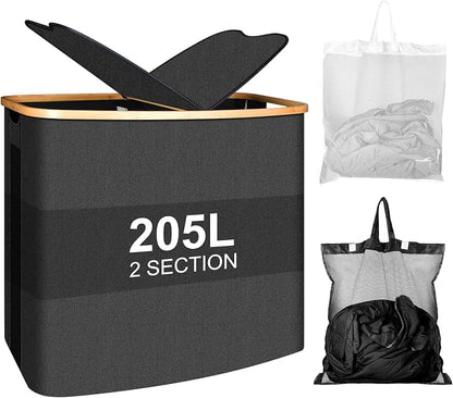 Large Laundry Hamper with Lid 205L, Collapsible 2-Section Dirty Clothes Basket by Screpreti
