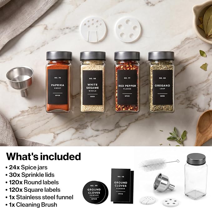 EDELHAUS Glass Spice Jars with Label, 24x Space Gray Stainless Steel Lids | - Image 8