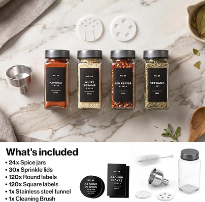 EDELHAUS Glass Spice Jars with Label, 24x Space Gray Stainless Steel Lids | - Image 8
