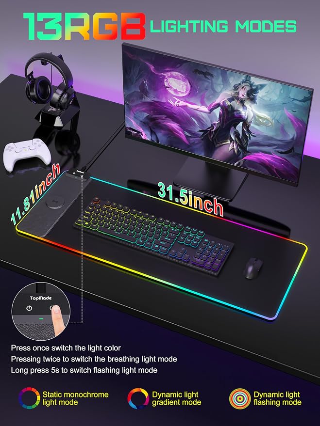 TopMade Mouse Pad with Wireless Charging, 31.5" x 11.81" Large Desk Mat RGB - Image 4
