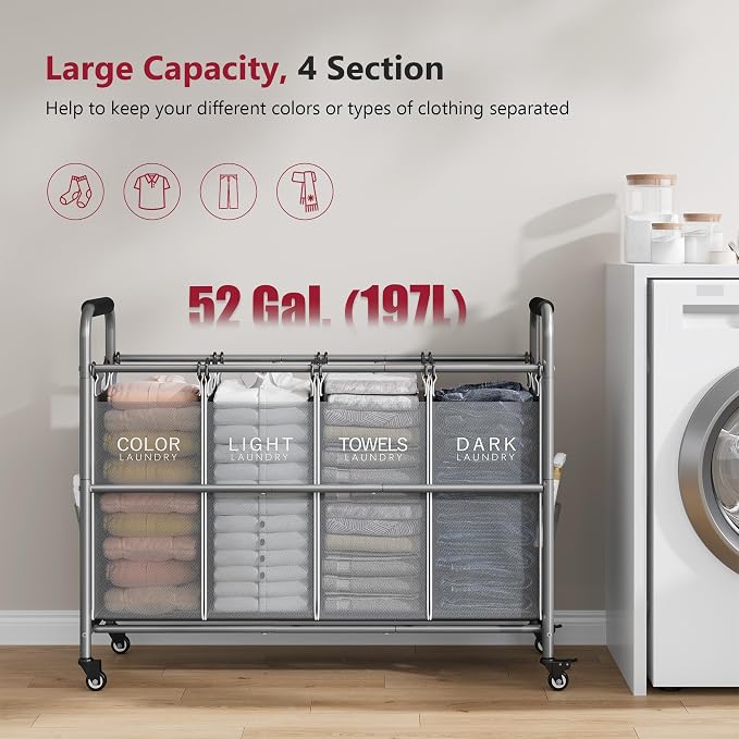 Tajsoon 4 Bag Laundry Sorter Cart, 4 Section Laundry Hamper Sorter - Image 3