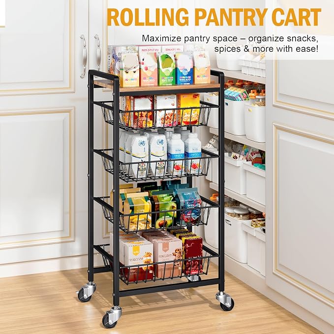 TOOLF 5 Tier Kitchen Storage Cart, Metal Utility Rolling Snack Cart | Wooden - Image 6