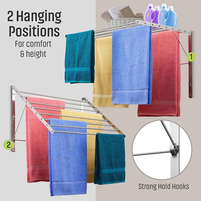 Smartsome | Wall Mounted | Clothes Drying Rack | 30" Wide | 20 Linear Feet - Image 2