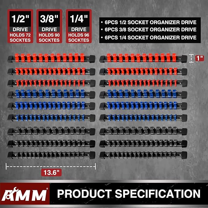 AMM 18-Piece Socket Organizer, 1/2 inch, 3/8 inch and 1/4 inch Drive ABS - Image 2