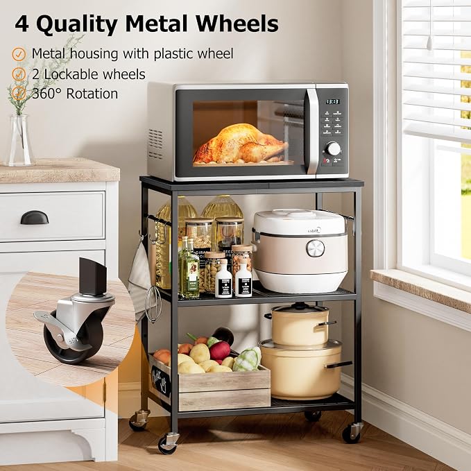 Homleke 3-Tier Rolling Kitchen Microwave Cart, Kitchen Utility Cart on Lockable - Image 2