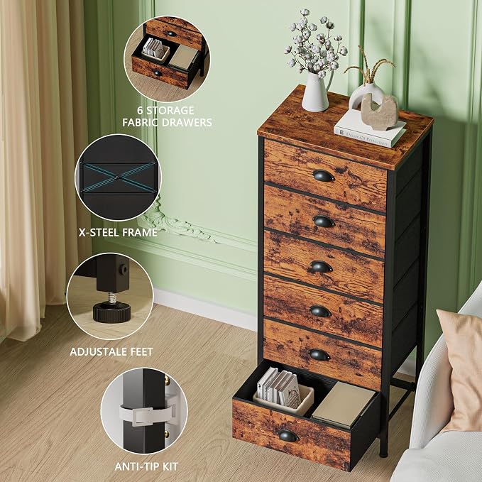 Furnulem Tall Dresser with 6 Drawers, Vertical End Table and Nightstand - Image 5