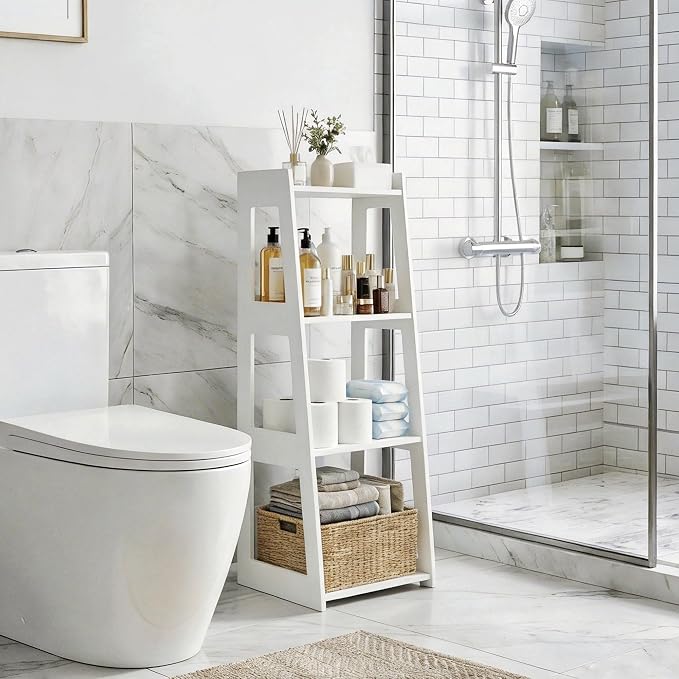 4-Tier Bathroom Ladder Shelf Freestanding, 12.6" W x 37" H | White Floor Shelves - Image 2