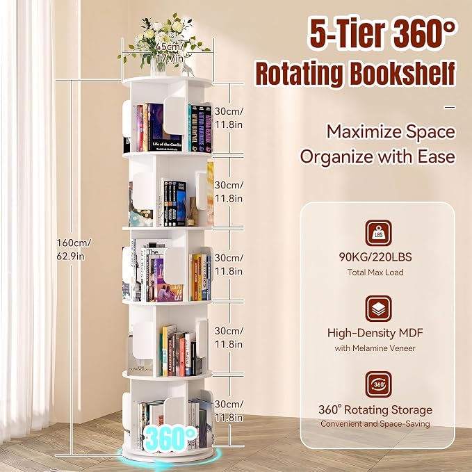 5-Tier 360° Rotating Bookshelf, Round Floor Standing Bookcase - Image 2