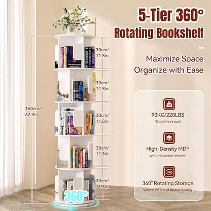 5-Tier 360° Rotating Bookshelf, Round Floor Standing Bookcase - Image 2