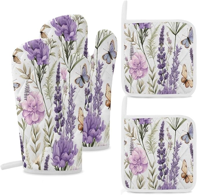 Garden Beautiful Flowers Lavender Shabby Chic Oven Mitts and Pan Racks 4-Piece by MaSiledy