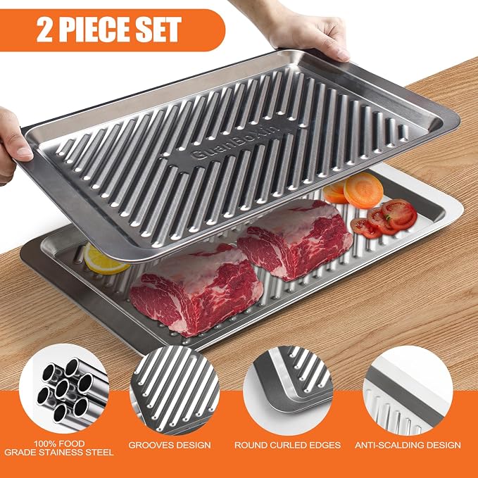 Grilling Prep and Serve Trays Set of 2 Stackable Stainless Steel BBQ Trays - Image 3