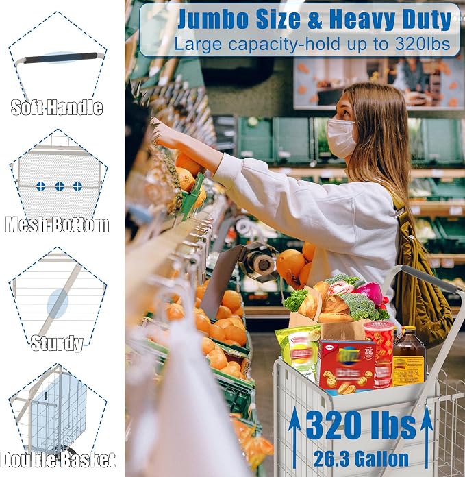 Shopping Cart for Groceries, 320lbs Jumbo Grocery Carts - Image 2