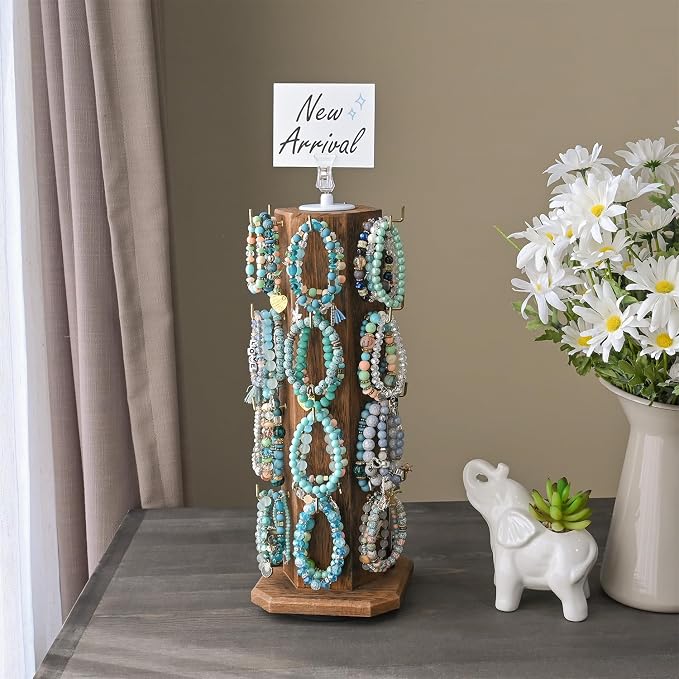 Ikee Design Free Assemble 24 Hooks Wood Hexagon 6 Sided Rotating Jewelry - Image 7