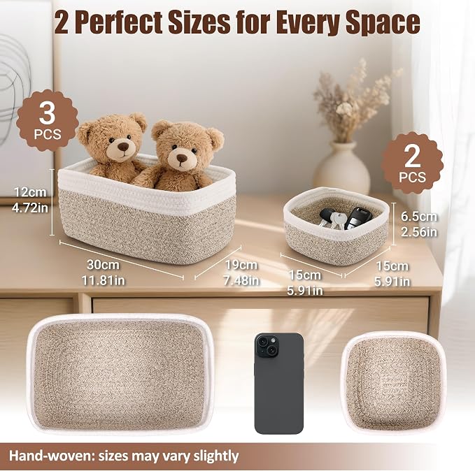 5-Pack Small Woven Rope Storage Baskets, 2 Sizes Organizer Bins | Fabric Cube - Image 2