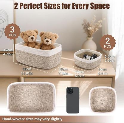 5-Pack Small Woven Rope Storage Baskets, 2 Sizes Organizer Bins | Fabric Cube - Image 2