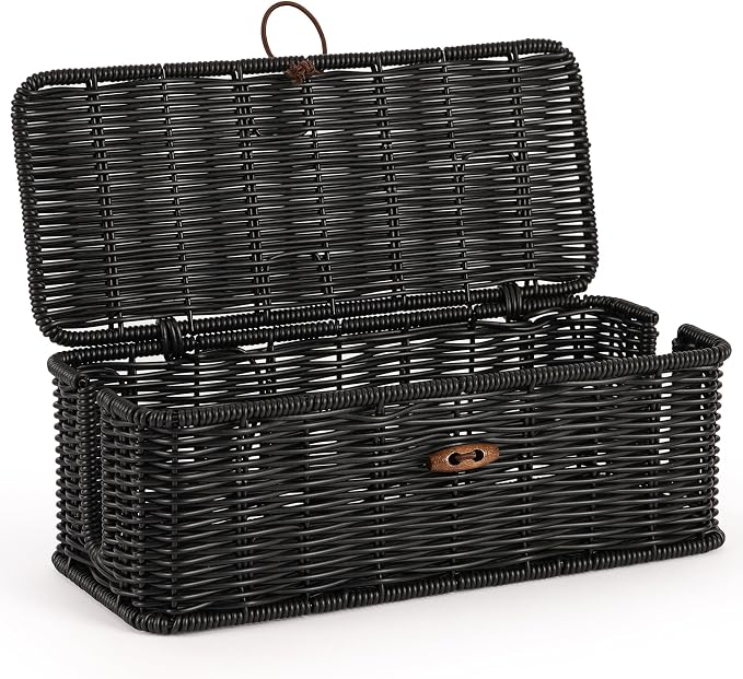 Cable Management Box, Handwoven Faux Rattan Cord Organizer Box by Tohiasen
