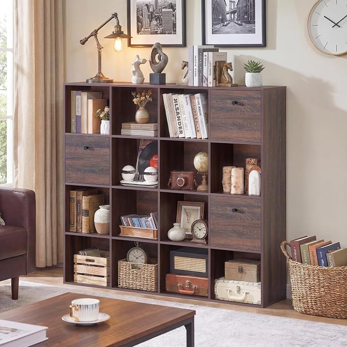Walnut 16 Cube Storage Organizer, Wooden Bookcase - Image 9