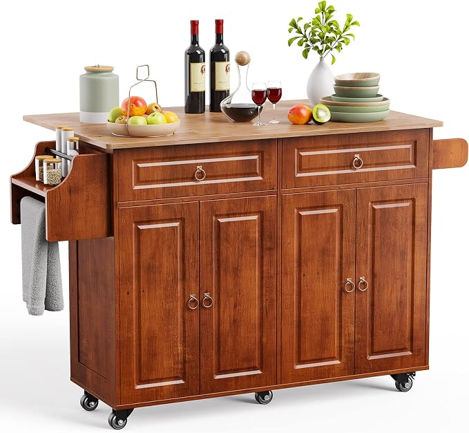Kitchen Island with Drop Leaf and Storage, on Wheels Two Drawers, Large Storage by Qsun