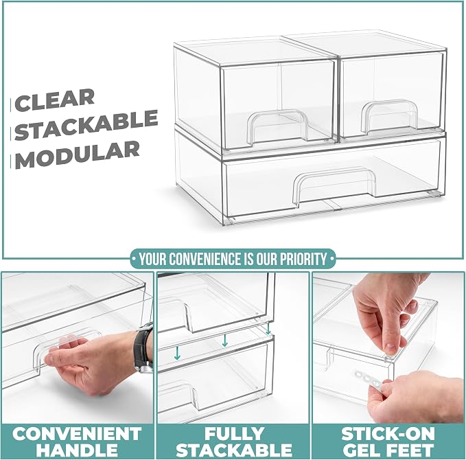 Sorbus Stackable Acrylic Storage Drawers – 4 Small + 2 Wide – 6 Pack Clear - Image 4
