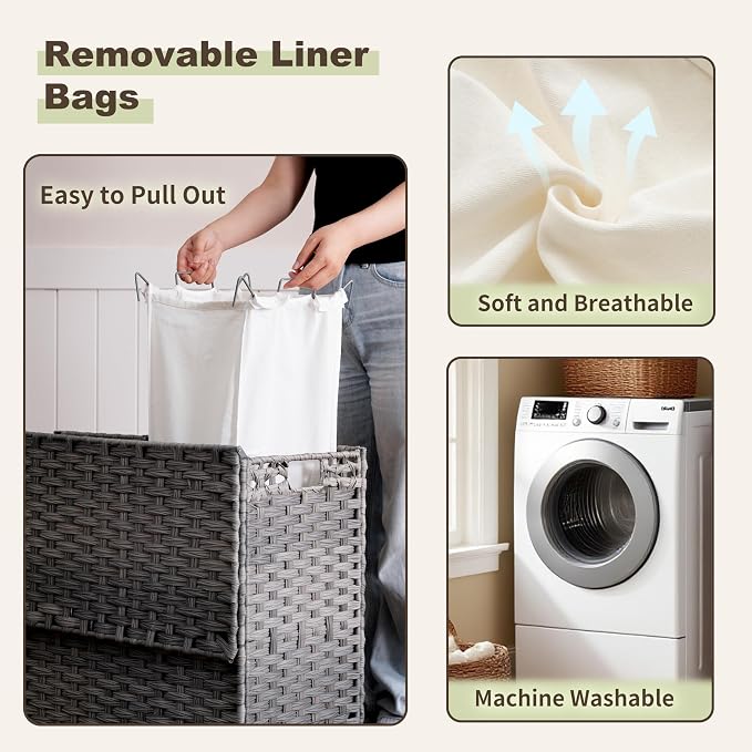Laundry Hamper with Lid, 130L Rattan Laundry Hamper 3 Section with 50L Storage - Image 5