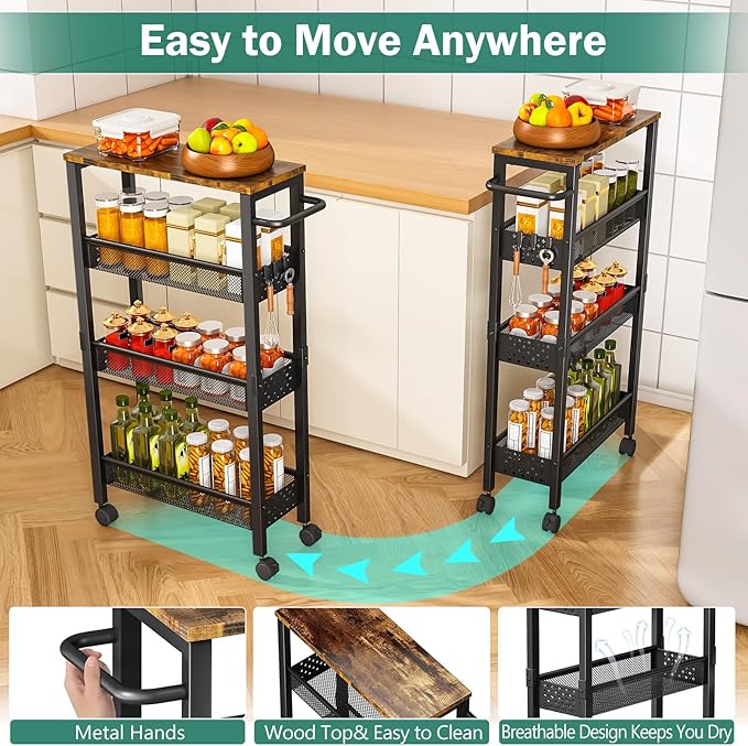 Utility Slim Storage Cart with Wheels, 4 Tier Small Rolling Cart with Wood Top - Image 4