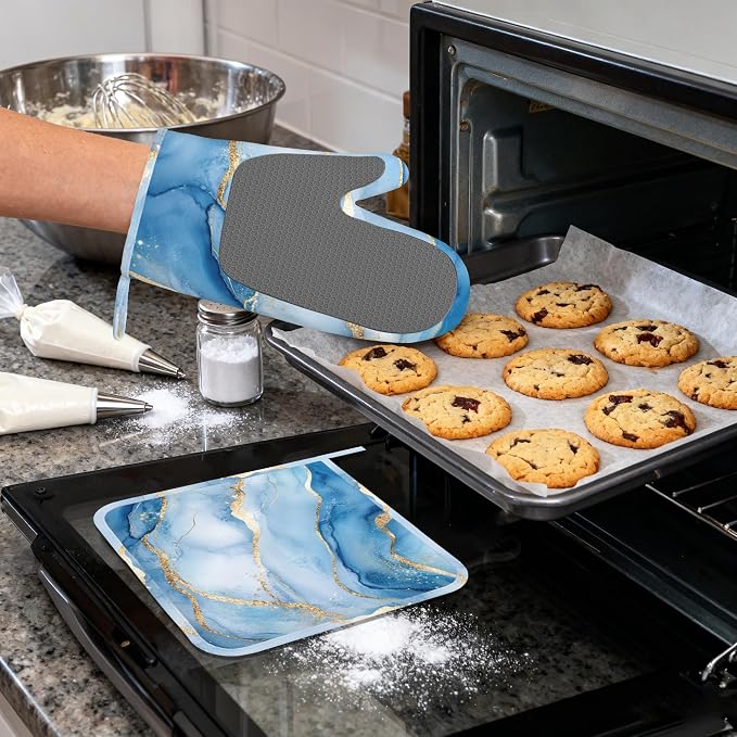 Blue Gold Marble Heat-Resistant Silicone Oven Mitts and Pot Holder 4 Piece Set - Image 4