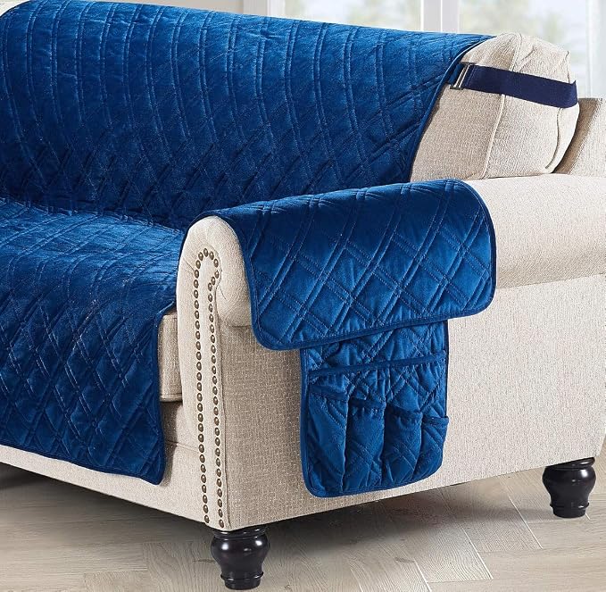 Brilliant Sunshine Blue Velvet Couch Sofa Armrest 5 Pockets Organizer, Slip - Image 7