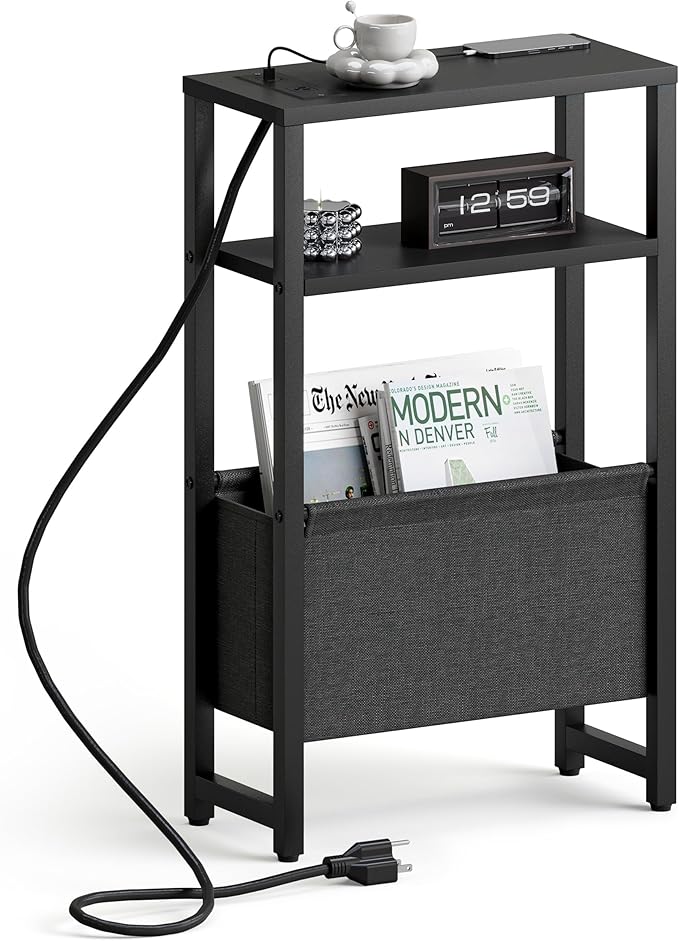 Narrow Side Table with Charging Station, Slim End Table with Magazine Rack by IRCPEN