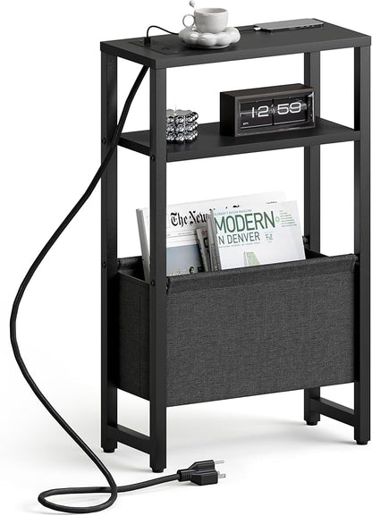 Narrow Side Table with Charging Station, Slim End Table with Magazine Rack by IRCPEN