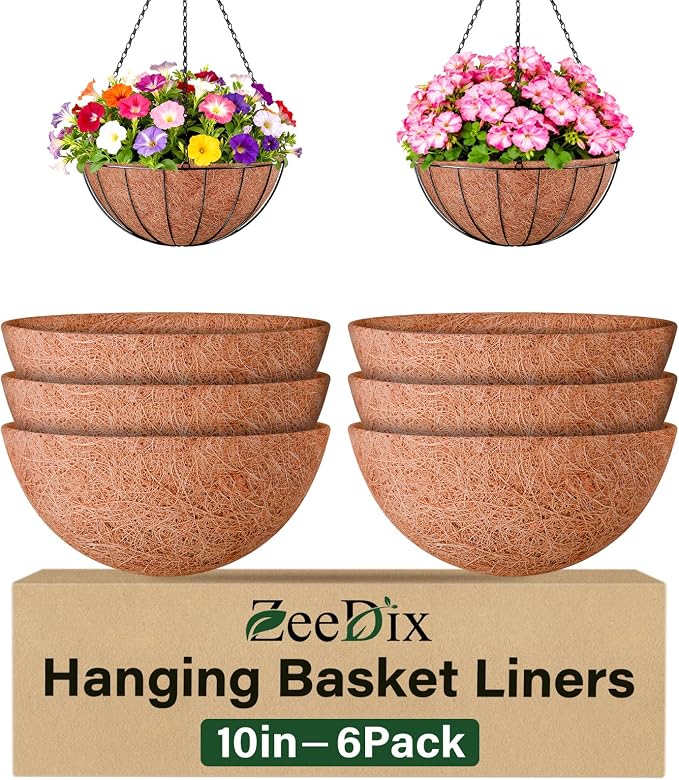10 Inch Coco Liners for Planters, 6 Pack Hanging Basket Liners | Round Coco by ZeeDix